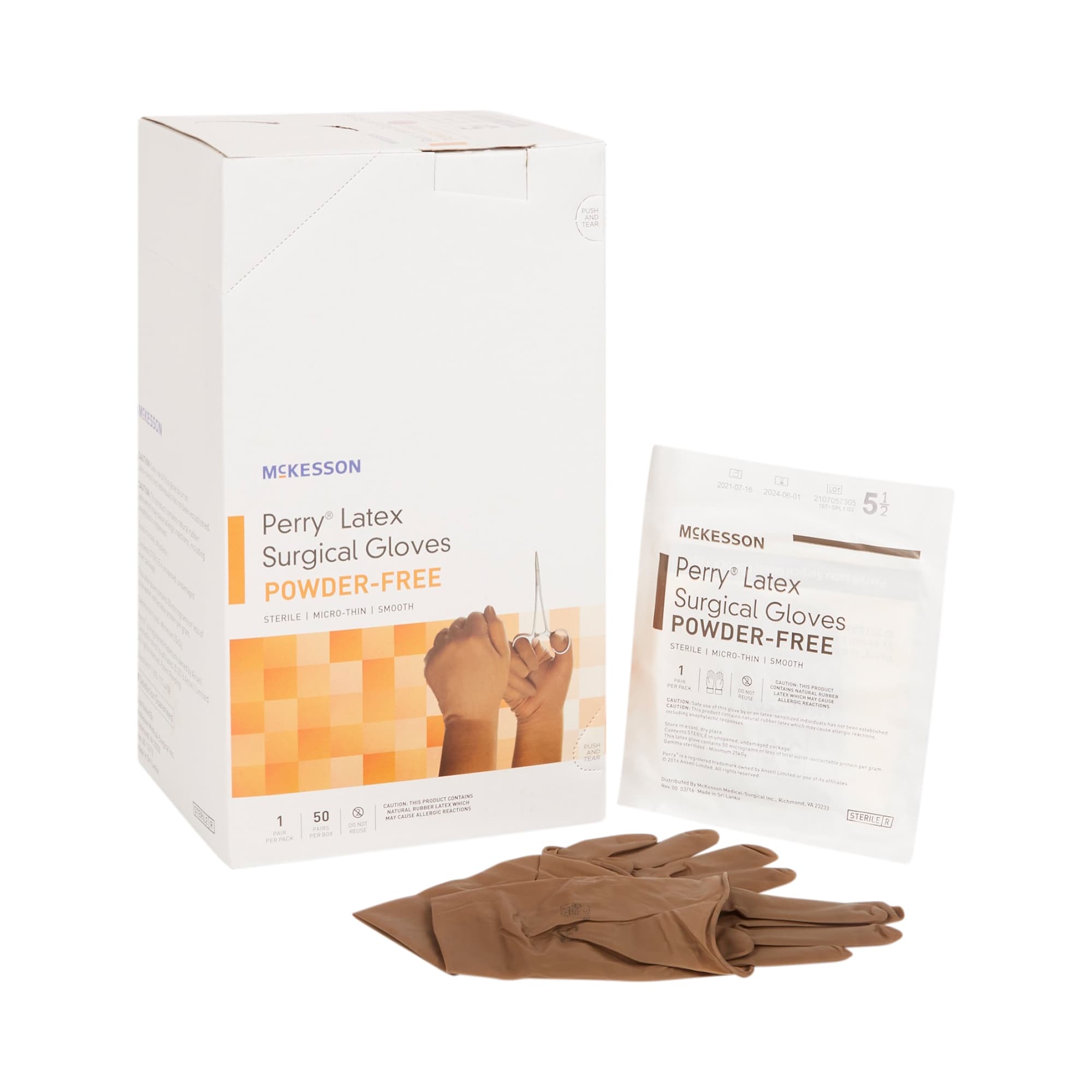 Surgical Glove McKesson Perry® Size 5.5 50 Pairs per Box Sterile Latex Standard Cuff Length Smooth Brown Not Chemo Approved (Copy)